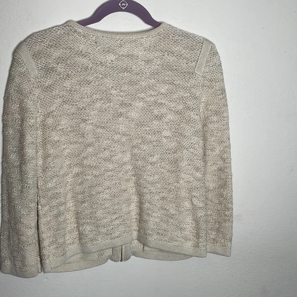 Jones New York Collection tweedy woven cardigan in natural beige, size large - Picture 2 of 10